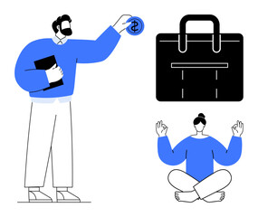 Poster - Man holding coin and notebook stands near bag representing business goals sitting woman practices yoga for balance. Ideal for work-life harmony, finance, wellness, focus, corporate strategy