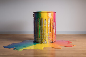 Poster - Rainbow Paint Dripping into White Bucket on Light Wood Floor