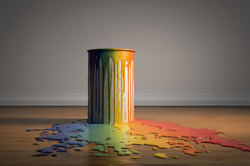 Poster - Rainbow Paint Dripping into White Bucket on Light Wood Floor