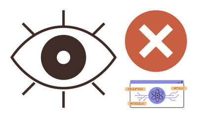 Poster - Large eye and cross mark emphasize restricted access, paired with a tech-based digital interface. Ideal for cybersecurity, privacy, prohibition, technological caution, UX design, data protection