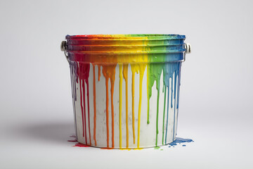 Poster - Rainbow Paint Dripping into White Bucket on Light Wood Floor