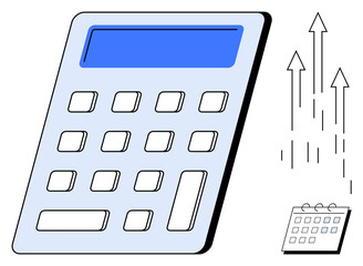 Poster - Large calculator, upward arrows, and a small calendar suggest finance, calculation, savings, goals, planning. Ideal for investment budget economics growth accounting analytics. Simple flat
