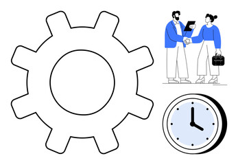 Poster - Gear representing process, clock symbolizing time, and handshake between businesspeople highlight collaboration. Ideal for teamwork, workflow, time efficiency, business planning, productivity