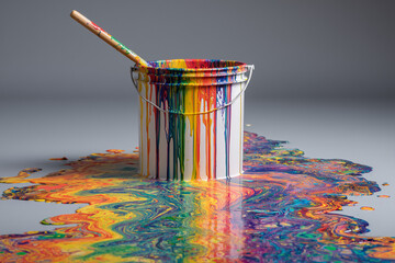 Poster - Rainbow Paint Dripping into White Bucket on Light Wood Floor