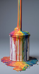 Poster - Rainbow Paint Dripping into White Bucket on Light Wood Floor