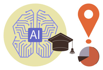 Poster - Circuit-themed brain labeled AI, graduation cap, location pointer, pie chart, and exclamation mark. Ideal for technology, innovation, data analysis, education AI applications in learning research
