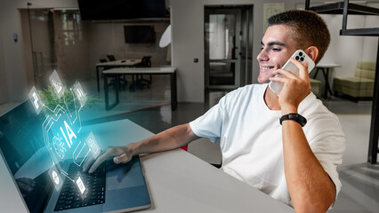 Poster - Young man engages with artificial intelligence technology while using laptop and smartphone in modern workspace