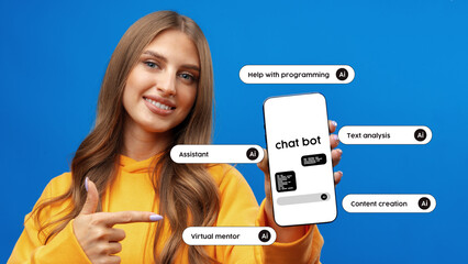 Poster - Young woman showcases chatbot application showcasing various AI features for users seeking assistance in multiple areas