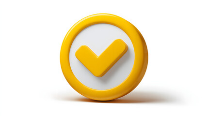 Fototapete - 3d check icon, checklist tick, done mark. Vector realistic plastic style checkmark, symbol of selection, confirmation or approval. yellow circle with a white, white background