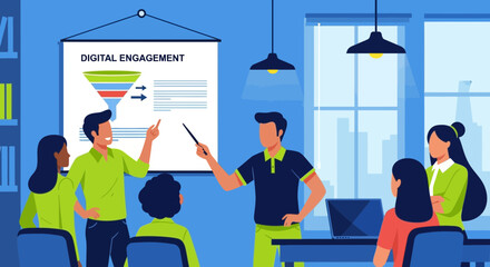 Poster - Team Discussing Digital Engagement Strategies In Corporate Meeting Room