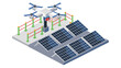 © Vector_House - Isometric view of a drone charging at a solar panel array with safety barriers in a modern design