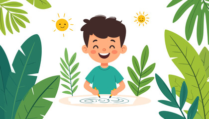 Joyful cartoon boy with dark hair and a teal shirt, smiling with closed eyes while drawing swirls on paper with two yellow pencils.