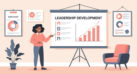 Poster - Woman Presenting Leadership Development Strategy In Modern Office Setting