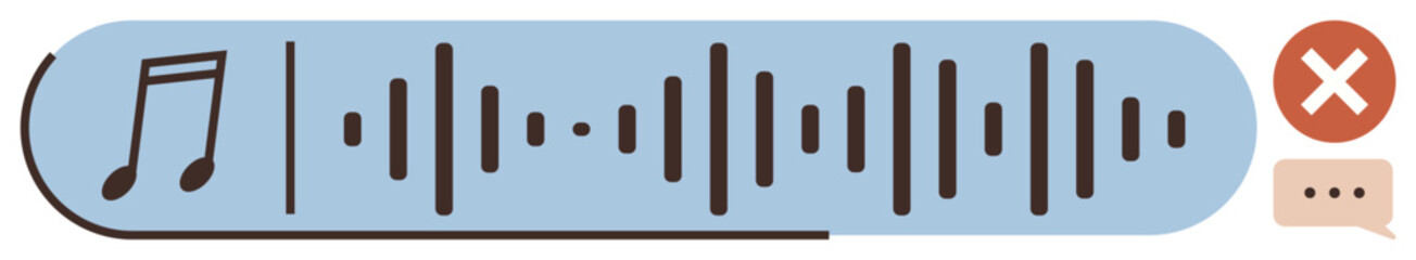 Poster - Audio message interface featuring a waveform, musical note, delete button, and reply option. Ideal for communication, sound sharing, user interface, technology, messaging audio notes simple flat