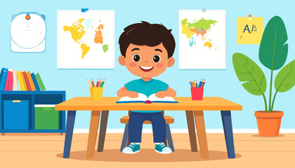 Cheerful cartoon boy with dark hair and a bright smile reading a book at his wooden desk.