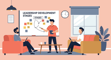 Poster - Team Discussing Leadership Development Stages in Modern Office Space