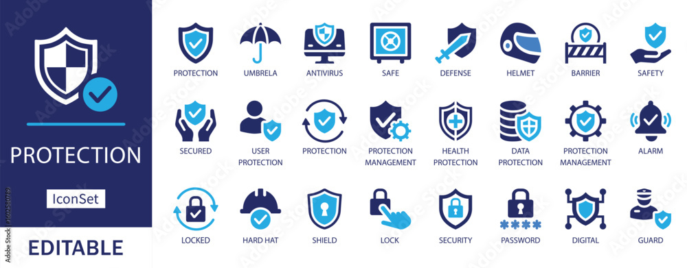 protection icon set. Featuring shield, lock, antivirus, safety ...