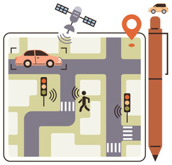 Aufkleber - Navigation map featuring self-driving car, pedestrian crossing, GPS marker, traffic signals, and connected satellite. Ideal for mobility, connectivity, smart city, technology navigation automation