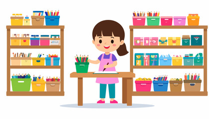 Cheerful cartoon girl in a pink apron creating art with colored pencils at a wooden desk.