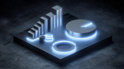 Fototapete - Cute isometric 3D image of 3D pie chart and bar chart in realistic metallic silver illuminated by neon blue. add floating, transparent charts and circular measurement tools. ensure perfect shapes an