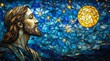 © Face Off Design - A stained glass-style depiction of Jesus illuminated by a glowing sun, set against a star-filled sky. A serene and powerful religious image, ideal for Christian art, prints, and sacred settings
