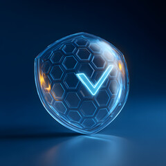 Fototapete - Protection. Healthcare. Insurance. Cyber security. Network safety. Protection shield with Check mark icon inside transparent sphere shield with hexagon pattern on blue background. Vector illustration 
