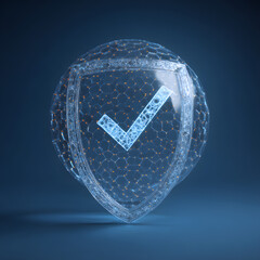 Fototapete - Protection. Healthcare. Insurance. Cyber security. Network safety. Protection shield with Check mark icon inside transparent sphere shield with hexagon pattern on blue background. Vector illustration 