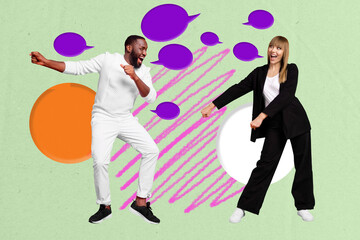 Fototapete - Creative poster collage of two people dancing with speech bubble on green color background