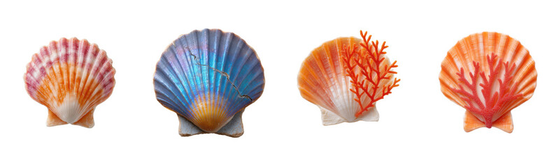 Wall Mural - Four seashells isolated on white, diverse colors. Summer, marine life, ocean, beach, collection, souvenir