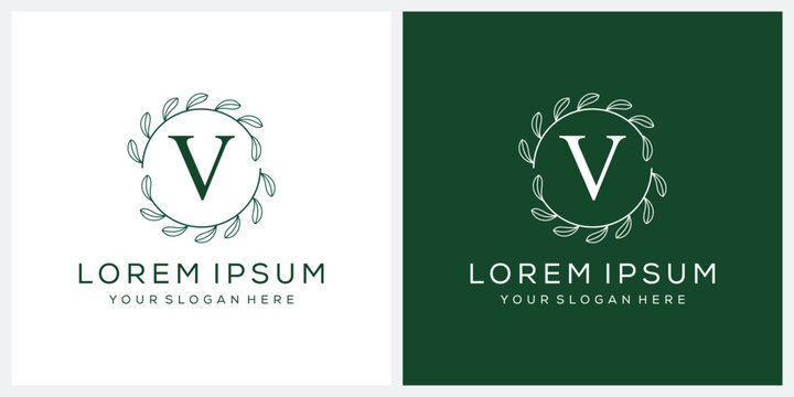 Initial letter V cosmetic spa and fashion logo design, serif font symbol icon, green leaf organic graphic vector
