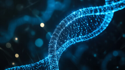 Aufkleber - Intricate blue DNA helix structure glowing against a dark background with swirling particles in a modern scientific setting