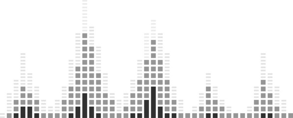 Poster - Digital music equalizer creating a striking graphic waveform with small gray and black squares set against a clean white background, embodying modern audio technology and design