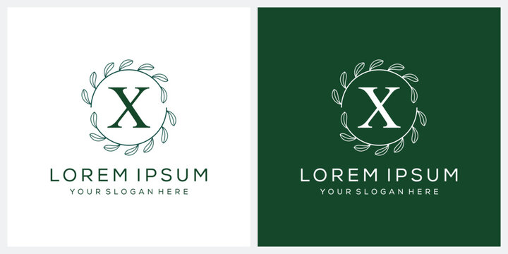 Initial letter X cosmetic spa and fashion logo design, serif font symbol icon, green leaf organic graphic vector