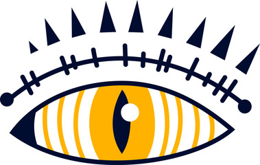 Poster - Vector illustration featuring a stylized eye with an orange iris, a vertical pupil, and eyelashes resembling a crown, all set against a clean white background