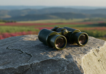 binoculars on a stone observing the landscape
