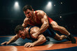 © OlenaSpark - Photorealistic freestyle wrestlers grappling under intense light with visible sweat and tension. Concept of physical struggle, strategy, skill, and peak human endurance.