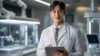 © pixs4u - A confident scientist wearing a lab coat, holding a digital tablet in a modern laboratory environment, ready for innovative research.