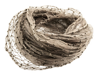 A detailed fishing net with intertwined fibers and realistic texture, slightly coiled, isolated on white background.