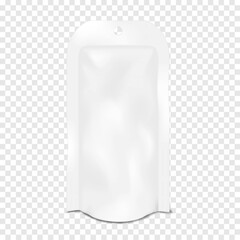 Canvas Print - white blank tear notch bottom gusseted sachet packet with hanging round hole. realistic 3d vector mo