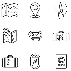Poster - A collection of simple black and white travel icons for tourism and vacation planning
