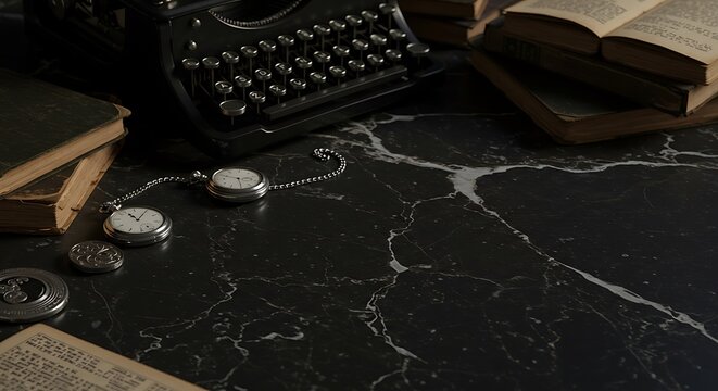 Vintage Writer's Desk: Typewriter, Books, and Pocket Watches