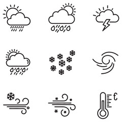 Leinwandbilder - Collection of black and white weather icons depicting various climate conditions and temperature.