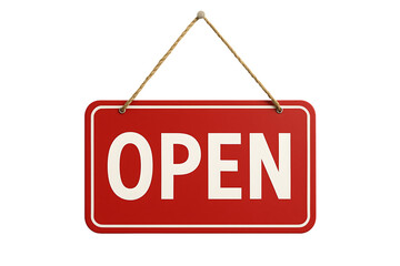 Red Open Sign Hanging on Rope Isolated on Transparent Background for Business and Storefront Use