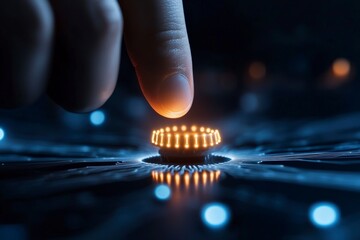 Poster - Illuminating Initiative: A fingertip poised to activate a radiant button, igniting a display of cutting-edge technology in a symbolic depiction of innovation and progress.