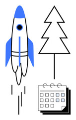 Poster - Rocket launching beside a stylized evergreen tree and a calendar layout, symbolizing growth, innovation, environmental focus, and strategic planning. Ideal for startup development, project