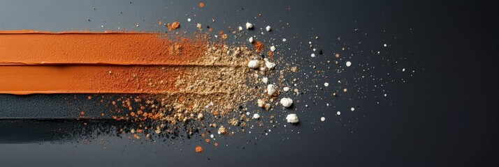 Poster - Abstract Composition with Textured Strips and Scatter: A striking abstract composition showcases three textured strips and scatter of earthy tones.