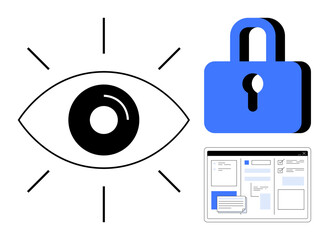 Poster - Eye symbol, blue lock, and browser window emphasize awareness, data protection, and cybersecurity. Ideal for data privacy, digital security, online trust, monitoring safety measures technology