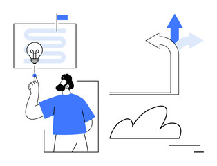 Poster - Man pointing to a light bulb with a winding path and upward arrows. Arrows symbolize direction, choices, goals, progress, and innovation. Ideal for strategy, creativity, planning business growth
