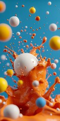 Poster - Dynamic Splash: Vibrant spheres burst forth, a spectacle of color and motion captured against a striking blue backdrop, creating a visually captivating explosion of abstract art.