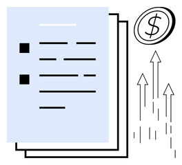 Poster - Document stack with text lines, dollar sign in a circular outline, and upward arrows. Ideal for finance, business, analysis, investment, budgeting accounting and planning. Simple flat metaphor